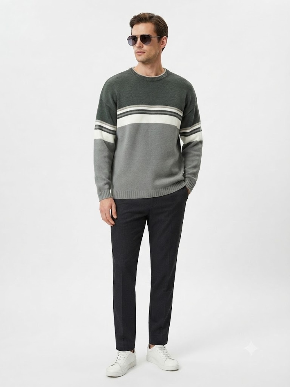 PAZZO Men's Colorblock Crewneck Sweater in Olive Green and Light Gray